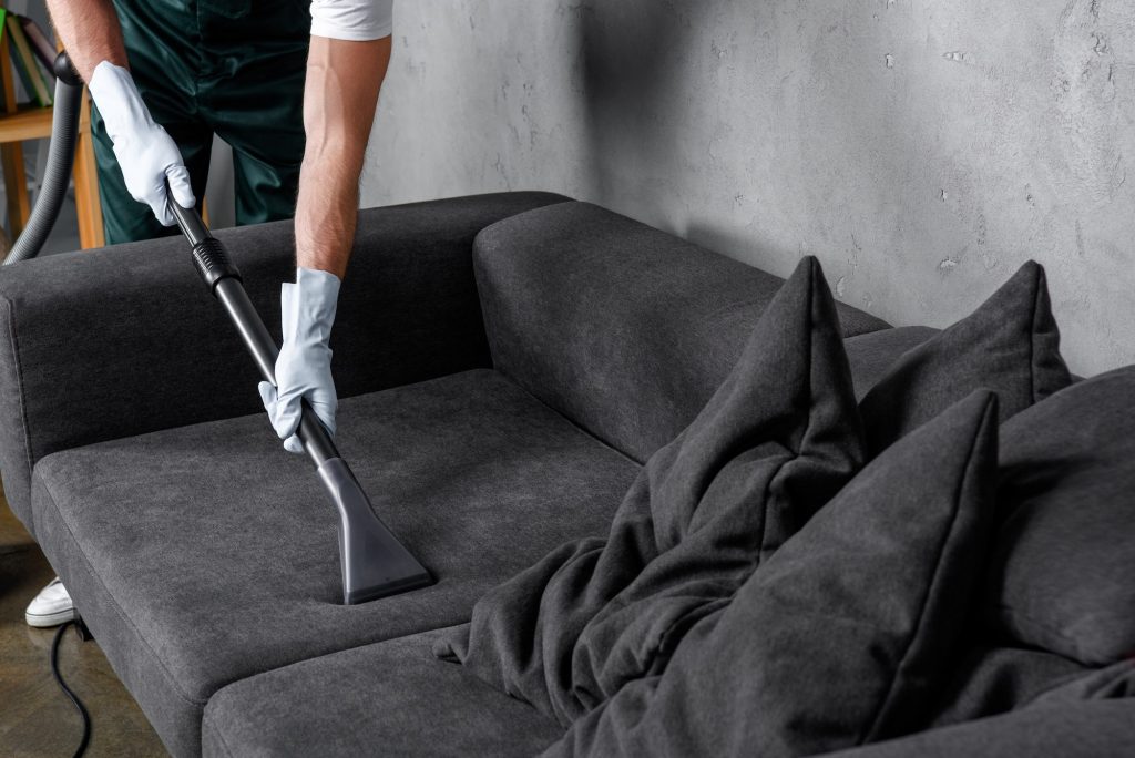 cropped shot of man in rubber gloves using vacuum cleaner and cleaning sofa