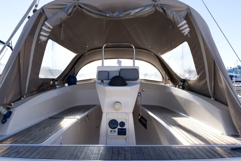 Small size of yacht interior from outside rear view.